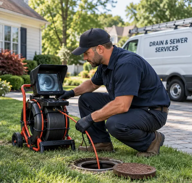 Drain and sewer service technician performing a residential sewer camera inspection.